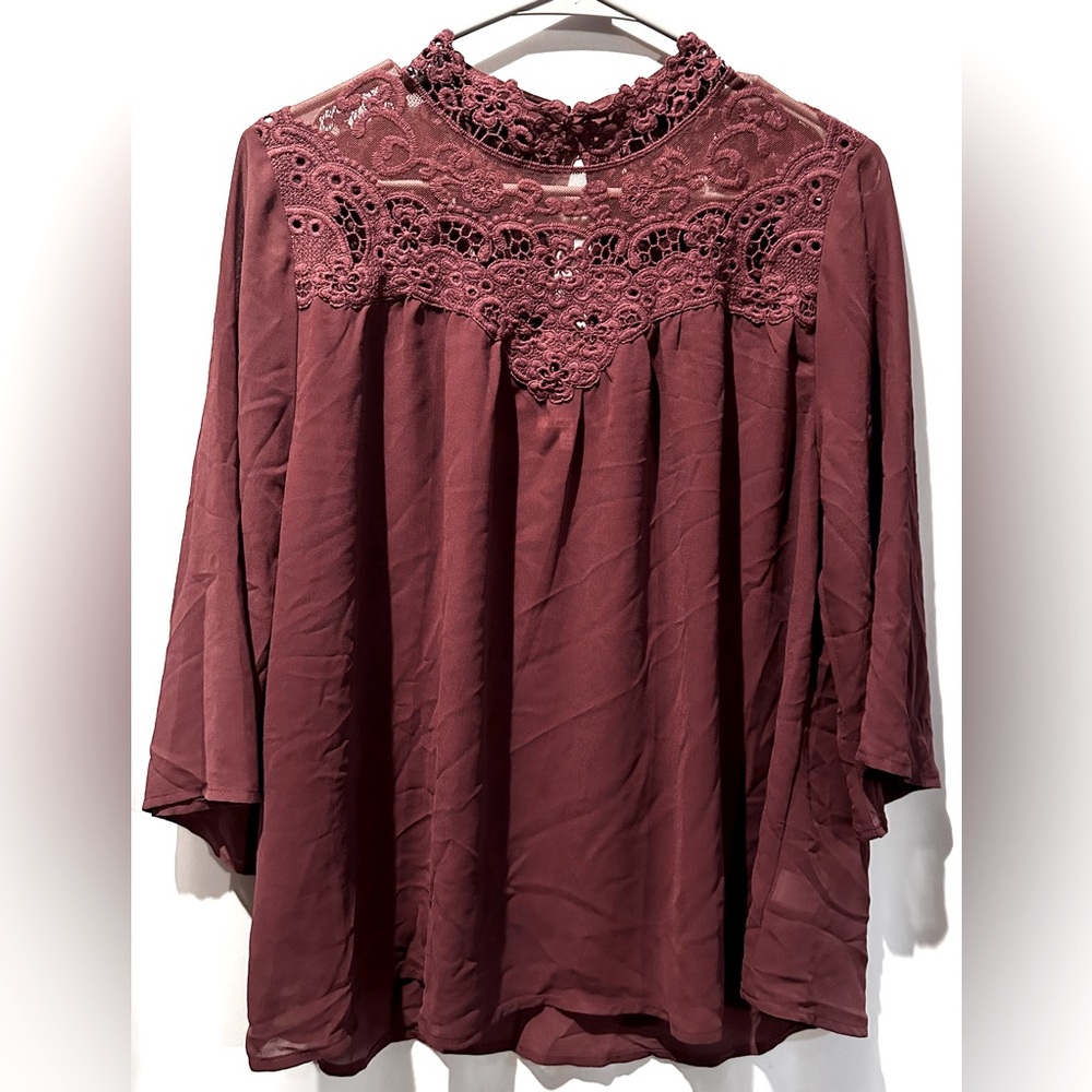 Self Esteem Women’s Junior Burgundy Lace Sheer Shirt Top Size XL